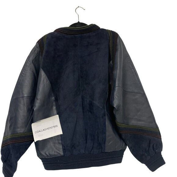 VTG Saxony Mens Sweater Jacket Size M Genuine Leather Acrylic Black Knit Hip Hop - Picture 2 of 9